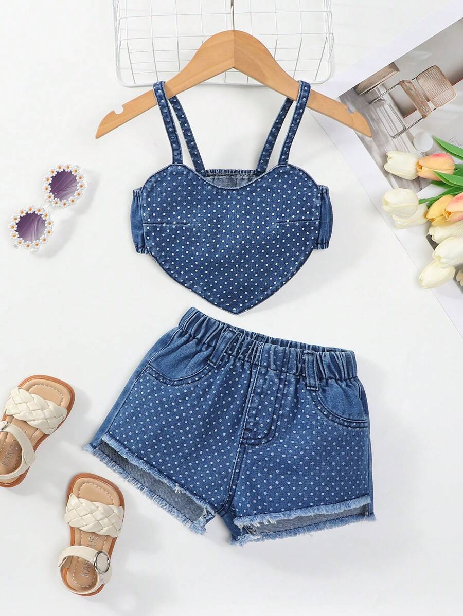 Young Girl Summer Casual Vacation Style Heart Shaped Strap Camisole With Polka Dot & Printed Detail And Denim Shorts With Fringe Hem - Medium Wash - View 1