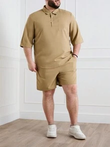 Manfinity Homme Men Plus Size Summer Casual Solid Color Short-Sleeve Shirt And Shorts Set