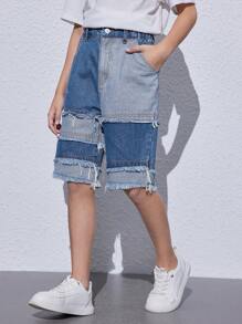 Cậu bé Tween Phong cách đường phố Lỏng lẻo phù hợp Giữa-đùi Quần short Denim Với Frayed Hem Và Khối màu Thiết kế - Rửa trung bình - Xem 6