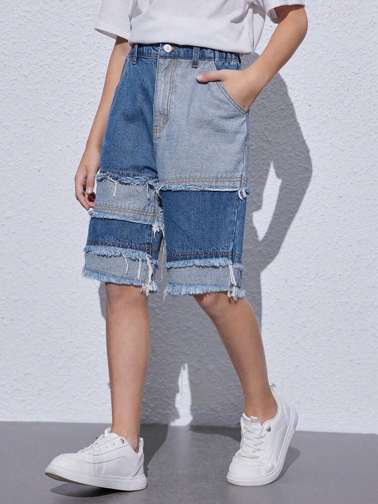 Tween Boys' Street Style Loose Fit Mid-Thigh Denim Shorts With Frayed Hem And Color Block Design