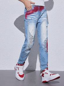Tween Boy Distressed Graffiti Print Stretch Jeans - Medium Wash - View 3