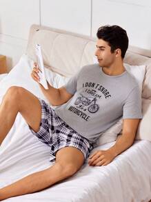 Men Motorcycle Slogan Print Short Sleeve Top & Plaid Shorts Summer Homewear Set - Grey - View 1