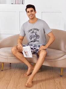 Men Motorcycle Slogan Print Short Sleeve Top & Plaid Shorts Summer Homewear Set - Grey - View 5