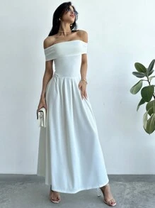 Firerie Dames elegante effen kleur off-shoulder A-lijn lange jurk voor de zomer