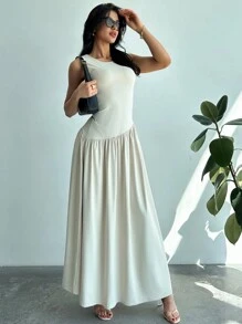 Firerie Vestido largo para mujer sin mangas con cuello redondo y sólido, con pliegues y cinturón en la cintura