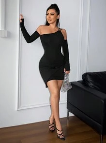 SHEIN SXY x STAS Women Early Spring Asymmetric Collar Long Sleeve Thumbhole Sexy Bodycon Dress - Black - View 9