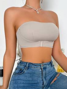 Solid Color Strapless Seamless Comfortable Front Buckle Bra Top - Light Grey - View 5