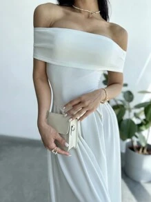 Firerie Dames elegante effen kleur off-shoulder A-lijn lange jurk voor de zomer