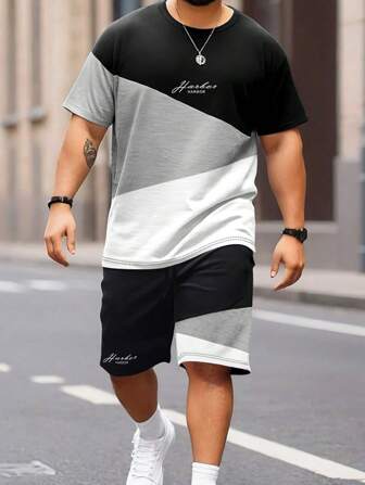 Manfinity Homme Plus Size Men Summer Fashion Three-Color Splice T-Shirt Set