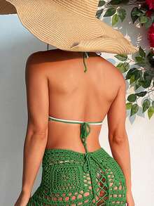SHEIN Swim 夏季沙灘假期單色中空針織穗邊露背無肩帶泳裝遮陽裙 - 綠色 - 查看 5