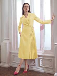MOTF PREMIUM SOLID LAPEL COLLAR PLEATED PANEL DRESS - Yellow - View 1