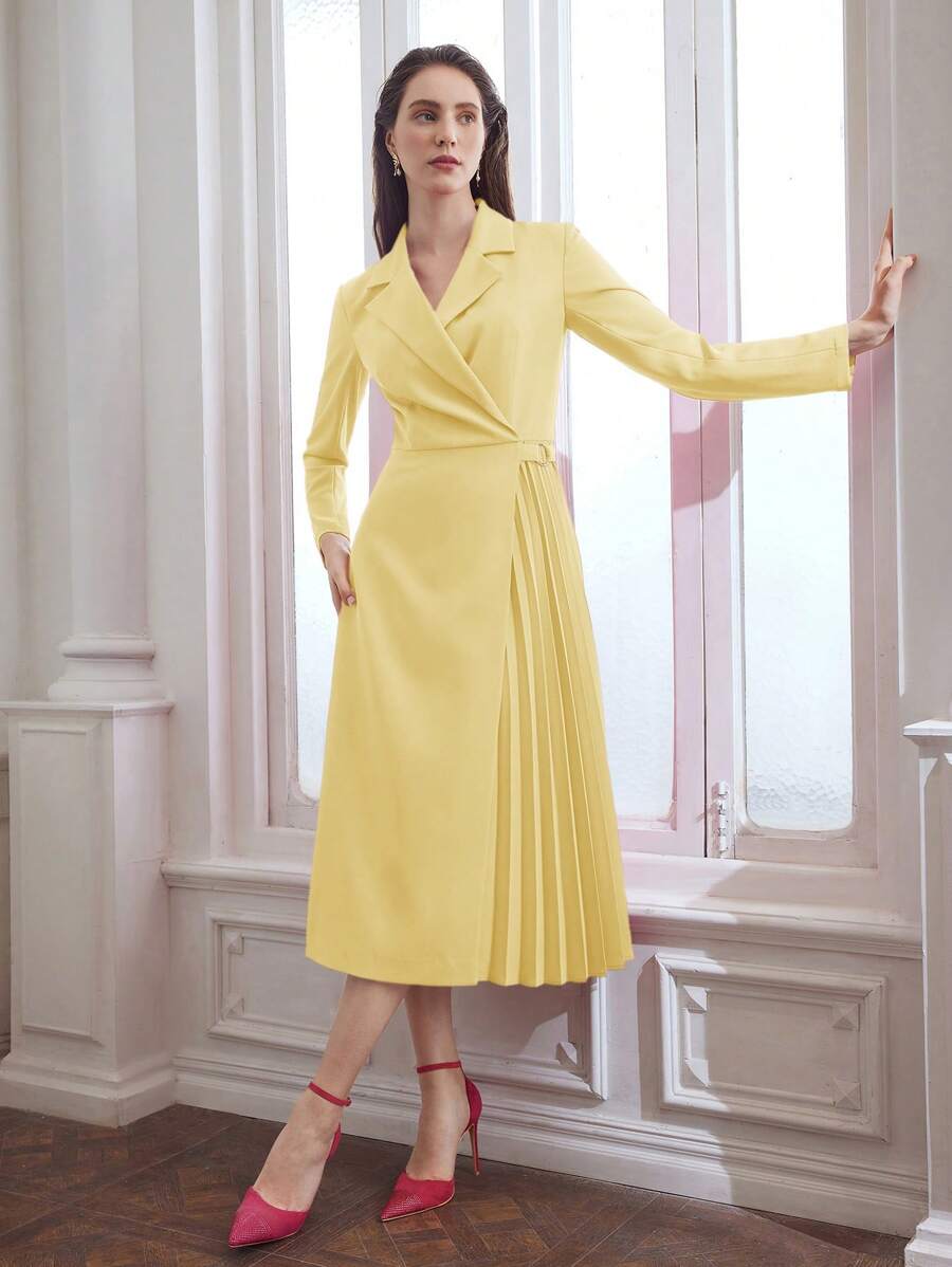 MOTF PREMIUM SOLID LAPEL COLLAR PLEATED PANEL DRESS - Yellow - View 1