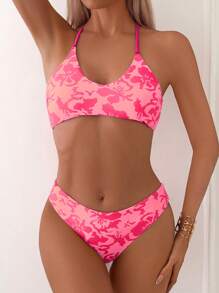 SHEIN Swim مجموعة بيكيني مكونة من قطعتين بطبعة زهور عشوائية لعطلة على الشاطئ، الصيف على الشاطئ