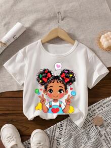 少女夏季休閒卡通人物印花短袖T恤 - 白色 - 查看 1