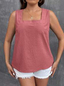 SHEIN LUNE Plus Size Women Solid Color Square Neck Loose Tank Top For Summer