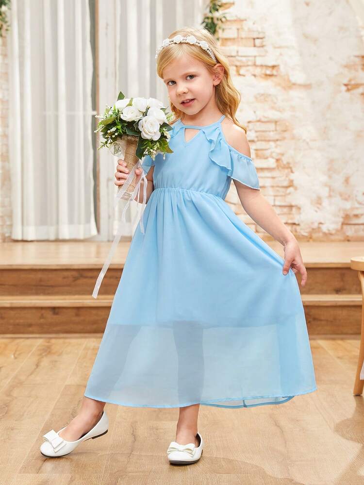 Young Girl's Summer Round Neck Hollow Out Cold Shoulder Ruffle Sleeve Dress