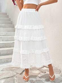 SHEIN Essnce White Patchwork  Skirt With Embroidered Floral Lace Border, Women Skirt For Summer