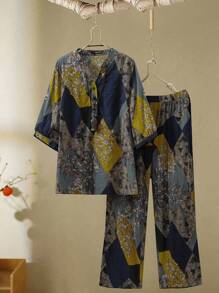 SHEIN LUNE Plus Size All-Over Printed Notch Neck Short Sleeved Shirt And Long Pants Two Pieces Set, Suitable For Summer