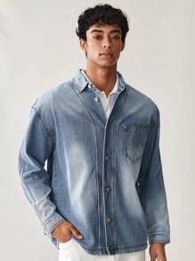 Manfinity Hypemode Camisa casual de mezclilla azul claro suelta para hombre, manga larga, para uso al aire libre en primavera