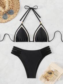 SHEIN Swim Conjunto de bikini con empalme de malla para vacaciones de verano en la playa
