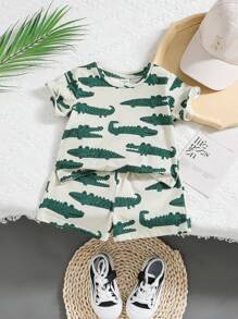 SHEIN Baby Boy Cartoon Alligator Pattern Round Neck Tee And Shorts Set - Green - View 4