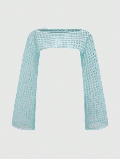 Suéter tipo corto de cuello de barco calado en azul claro de ganchillo, para la escuela