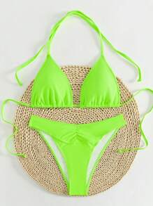 SHEIN Swim Summer Beach Fashionable And Versatile Women's Fluorescent Neon Bikini Set Bathing Suit - Green - View 1