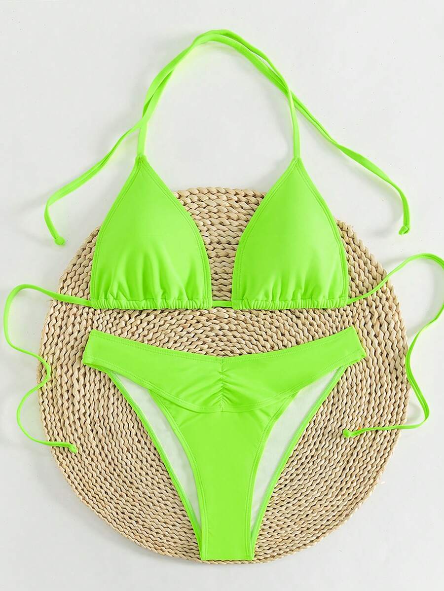SHEIN Swim Summer Beach Fashionable And Versatile Women's Fluorescent Neon Bikini Set Bathing Suit - Green - View 1