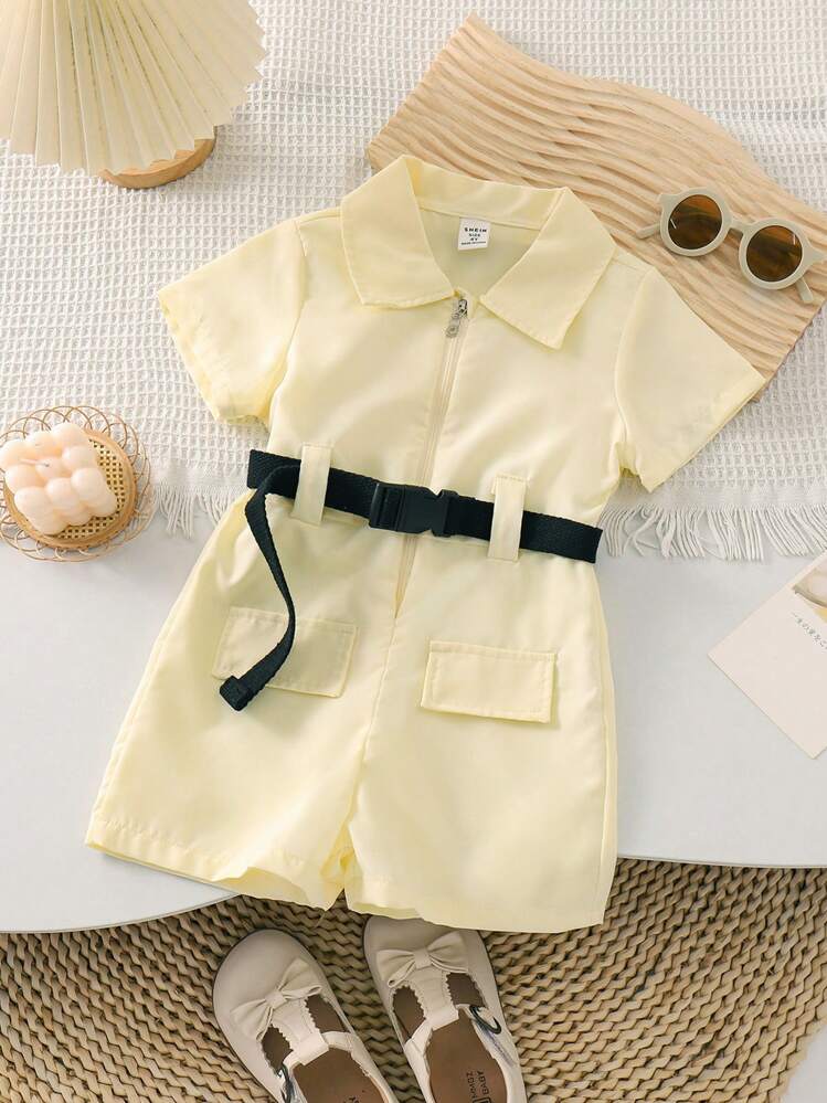 SHEIN Young Girl Wedding Records Flower Girl  Lapel Jumpsuit - Apricot - View 6