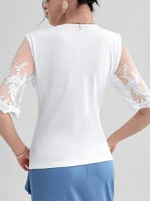 Modelyn Ladies' Asymmetric Neckline Contrast Mesh Summer T-Shirt Graphic Tees Women Tops