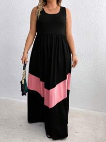 SHEIN Holidaya Plus Size Women Boho Summer Color Blocking Long Round Neck Sleeveless Casual Simple Dress
