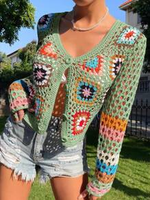 Breezaya Frauen Urlaub Floral gemusterte Cut Out lange Ärmel offen Front lockere Strickjacke