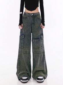 Jeans cargo anchos de múltiples bolsillos de estilo callejero Y2K para mujeres, pantalones vaqueros rectos y de pierna ancha de moda para el trabajo - Azul Cadete - Ver 1