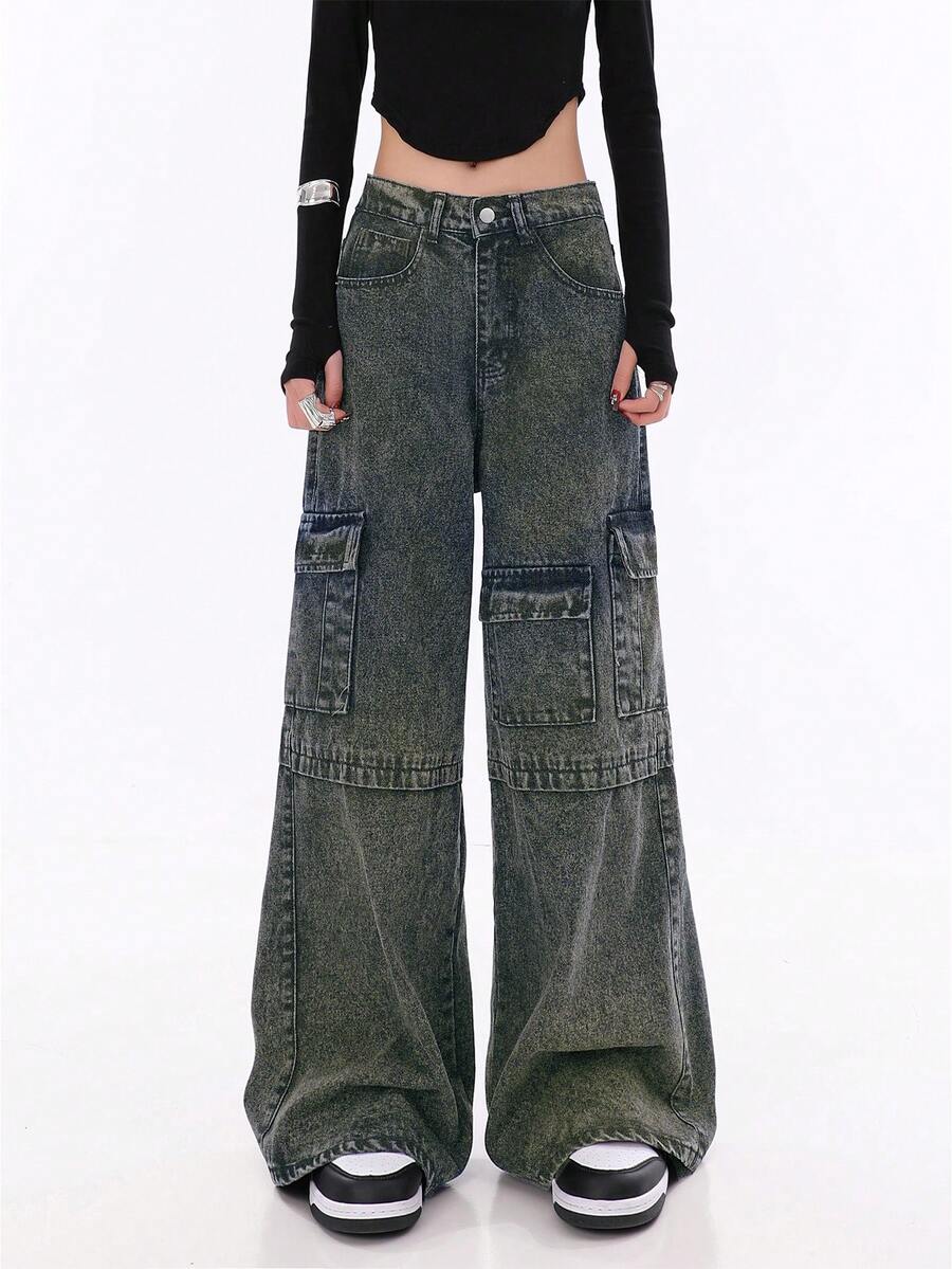Jeans cargo anchos de múltiples bolsillos de estilo callejero Y2K para mujeres, pantalones vaqueros rectos y de pierna ancha de moda para el trabajo - Azul Cadete - Ver 1