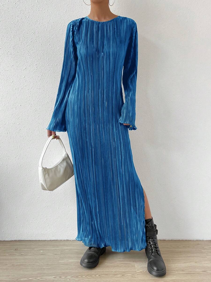 SHEIN Essnce 春季休闲纯色纹理长袖侧开衩连衣裙 - 寶藍色 - 查看 1