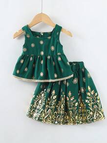 SHEIN Baby Girl Vacation Style Plant Print Ruffle Hem Shirt And Skirt Set For Summer - Green - View 1