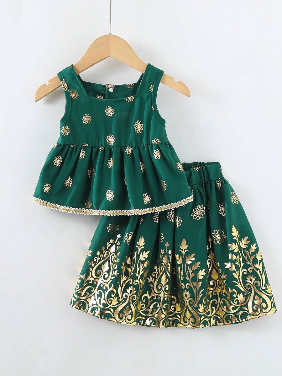 SHEIN Baby Girl Vacation Style Plant Print Ruffle Hem Shirt And Skirt Set For Summer - Green - View 1