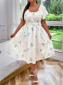 Flirla Plus Size Square Neck Floral Print Digital Printed Dress With Ruffle Chest And Elastic Waist For Summer - White - View 5