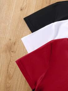 SHEIN 3 cái/bộ Áo thun dệt kim thông thường nhiều màu cho bé trai Tween - Đỏ - Xem 3