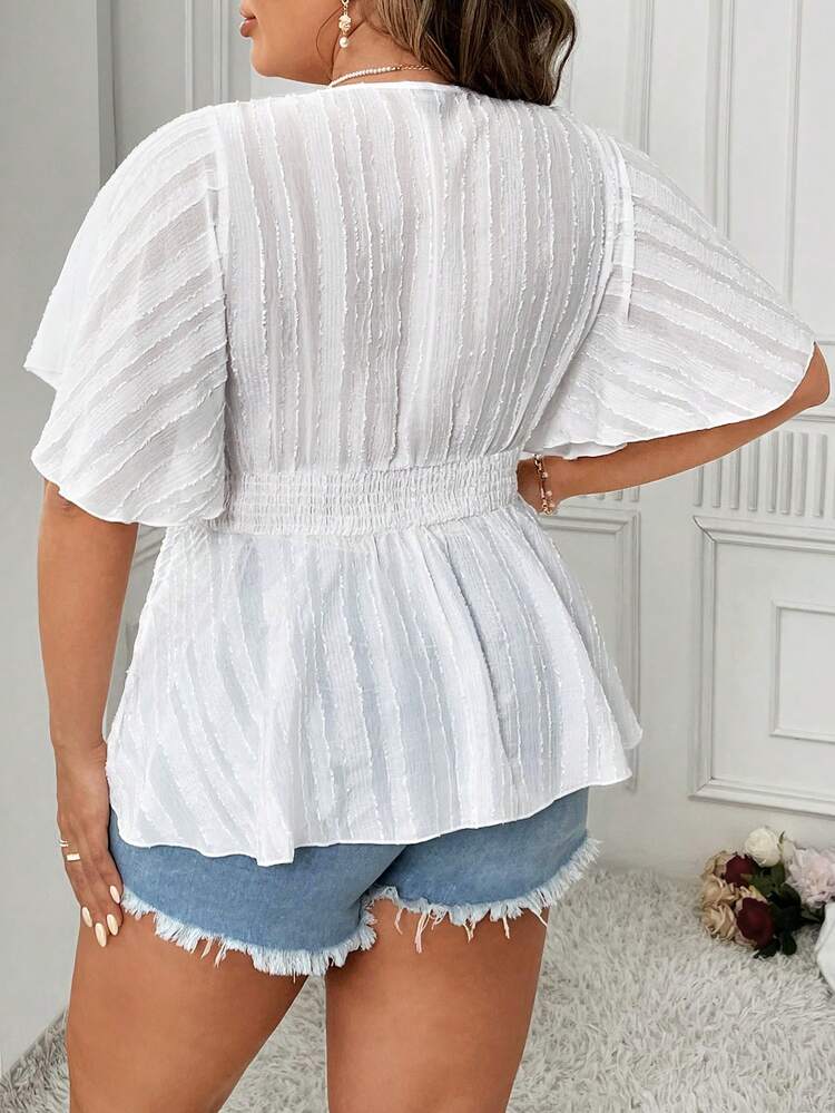 Plus Size Women Summer Solid Color Overlapping V-Neck Ruffled Short Sleeve Blouse
