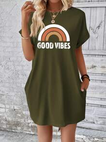 INAWLY 女士夏季字母印花圓領蝙蝠短袖休閒T恤連衣裙 - 軍綠色 - 查看 6