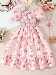 Robe de fille adolescente à fleurs, col rond et manches courtes - Orange - Voir 1