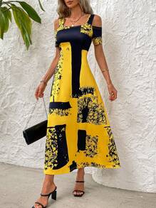 SHEIN LUNE Women's Colorblock Dress, Suitable For Summer Maxi Women Outfit - Yellow - View 5