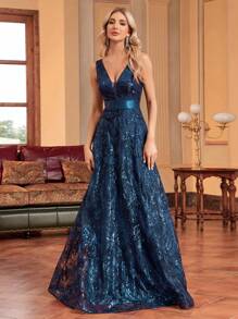 XUIBOL Women's Sequin Embroidered Fitted V-Neck Sleeveless Maxi Formal Dinner Party Gown Dress (Heavy Handwork) Wedding Guest Dress Evening Dress - Màu xanh ngọc - Xem 8