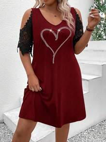 SHEIN LUNE Đầm ren hoa thời trang cỡ lớn dành cho nữ hình trái tim - Màu Đỏ Sâu - Xem 5