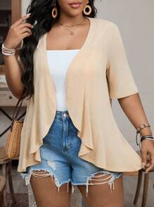 SHEIN LUNE Váy kimono ngắn tay trơn phong cách nghỉ dưỡng cỡ lớn có viền nhún bèo mùa hè - Màu Khaki - Xem 4