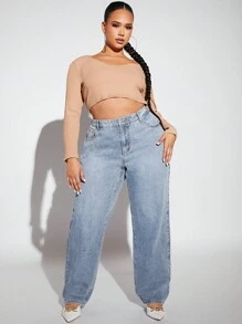 SHEIN SXY Plus Size Casual Loose Fit Straight Leg Jeans With Washed Finish