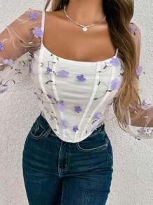 Chiquease 不對稱下擺燈籠袖上衣,帶有網眼和花卉裝飾