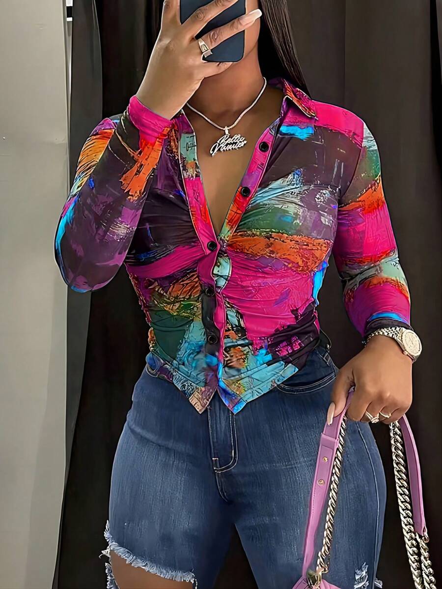 INAWLY Camiseta de manga larga de ajuste slim con estampado de graffiti para mujer de talla grande, para primavera/verano - Rosa Fucsia - Ver 1