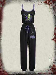 Beetlejuice | ROMWE Dark Gothic Horror Movie Patterned Cami Top & Pants Pajama Set, School - Black - View 1